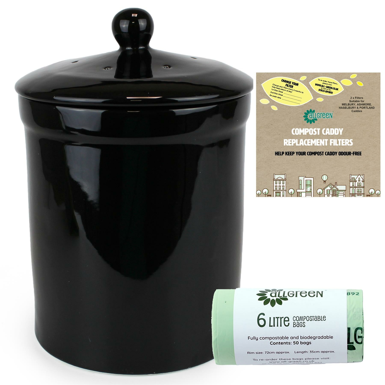 Portland Ceramic Compost Caddy/Food Waste Bin - Black & 1xFilters & 50x6L Bags