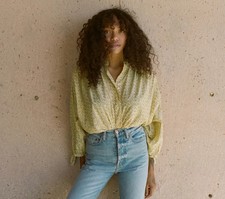 Doen Women's O'Keeffe Moon Flower Floral Pleated Cotton Shirt Blouse Tunic Top L