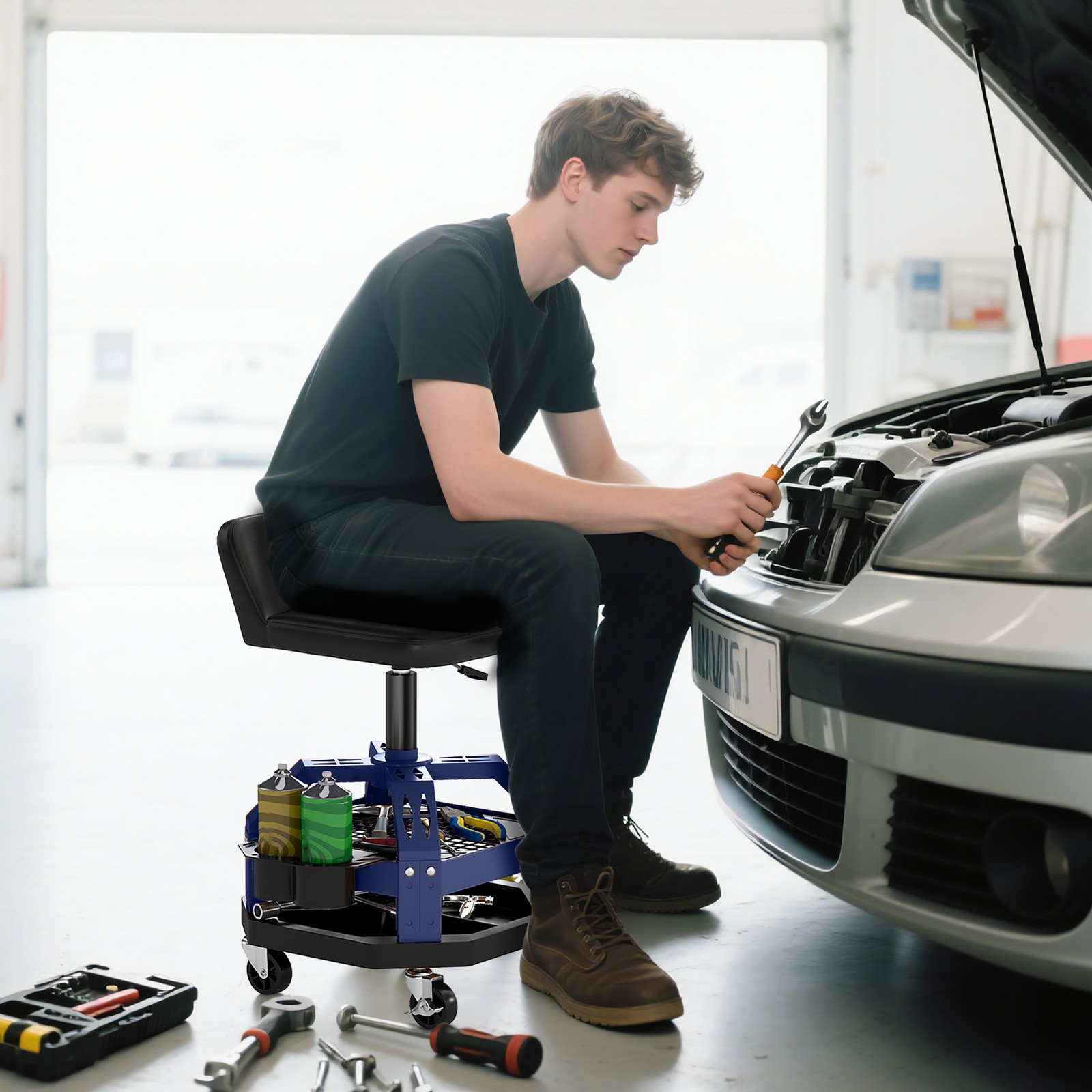 HOMCOM Rolling Mechanic Stool, 300 LBS Capacity Garage Stool, Blue