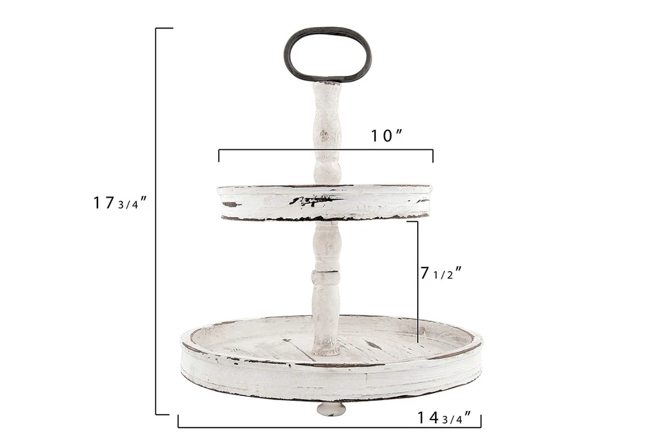Bandeja de madera envejecida de 2 niveles con mango de metal, blanca Foto 2 de 4