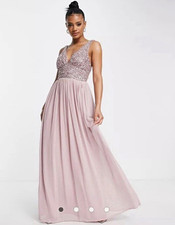 Pink Sequin Embellished V-Neck Sleeveless Maxi Bridesmaid Formal Gown