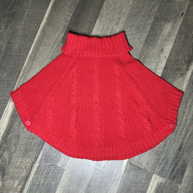 Girls Red Cable Knit Turtleneck Poncho Sweater, One Size Sleeveless