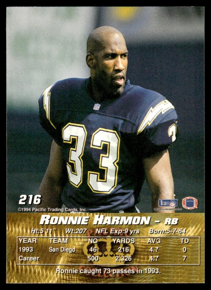 1994 Pacific Ronnie Harmon San Diego Chargers #216 - Image 2 of 2