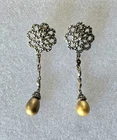 Vintage Sterling Silver Golden Genuine Pearl & Marcasite 2" Drop Dangle Earrings