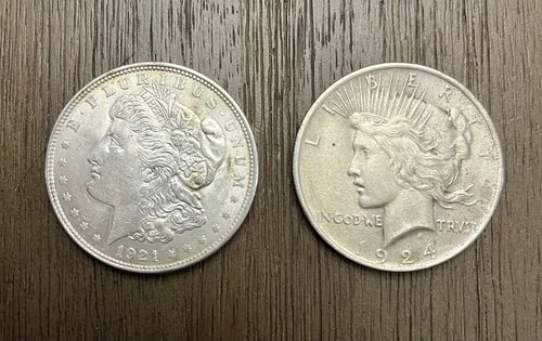 1921 Morgan & 1924 Peace Dollar $1 Silver Coin Circulated Business Strike