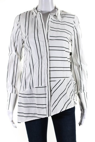 Nicole Miller Womens Button Front Collared Striped Shirt White Black Size XS