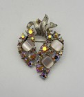Vintage Crystal Style Floral Wreath Brooch Pink Cats Eye Silver Tone Pin