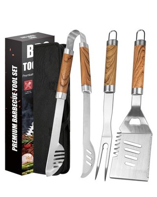 Grillwerkzeug-Set, 3-teilig extra dicker Grill groß, Holzmaserung Griff