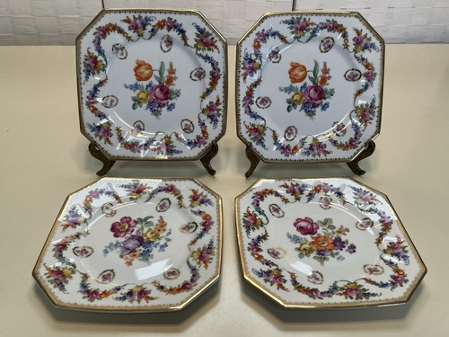 Antique 4 Schumann Bavaria Germany Dresden Floral Gilt Octagon Dessert Plates - Picture 1 of 24