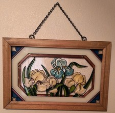 Vintage Stained Glass Iris Floral Window Panel Sun Catcher Wooden Frame  Chain