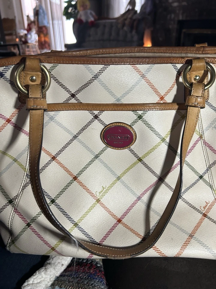 Coach Peyton Tattersall Tote Purse Handbag Ivory Plaid Inside Stains See Pics - Image 2 of 4