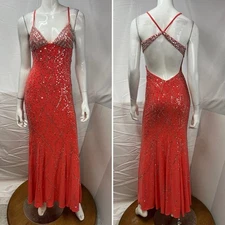Sean Couture XXS Sequin Jeweled Orange Open Back Formal Prom Gown Long Dress