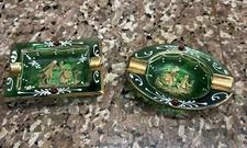 Italian Green Art Glass Hand Painted Rococo MCM  2 Holder Ashtray Set VTG