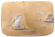 Antique Japanese Meiji Bronze Mixed Metal Box Sail Boat Mt. Fuji Nogawa Signed