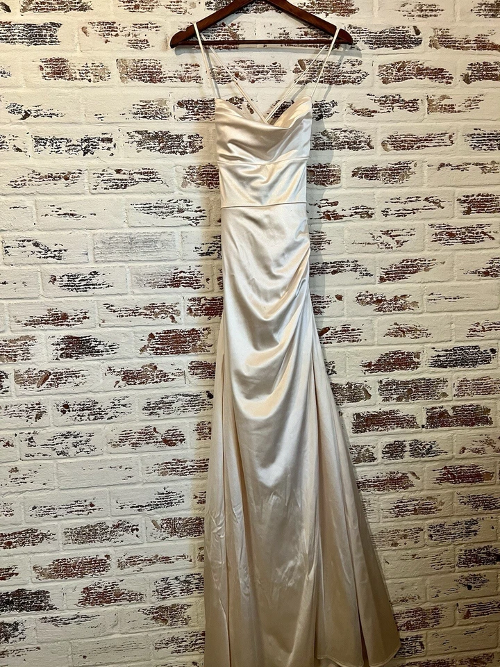 Windsor Ivory Satin Formal Prom Homecoming Gown Pageant Strappy Back Long Size S - Image 4 of 4