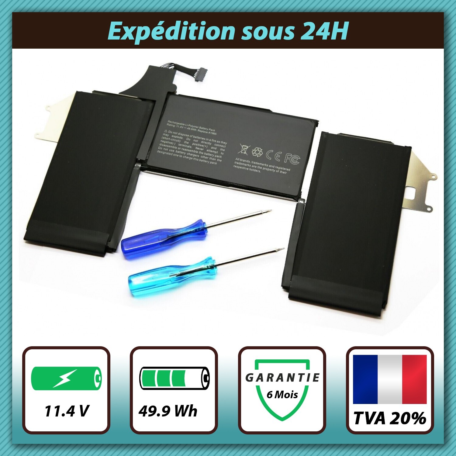 Batterie ordinateur portable A2179 A1965 pour MacBook Air Retina 13 pouces 11.4V 49.9Wh