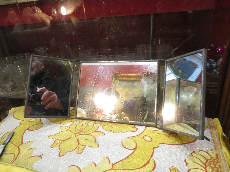 ancien miroir triptyque de barbiersalle de bain a decor orientaliste epoque 1960 - Photo 2/3