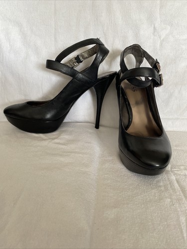 Guess Leather Platform Stiletto Heel Double Strap Black Heels Size 8 - Picture 13 of 14