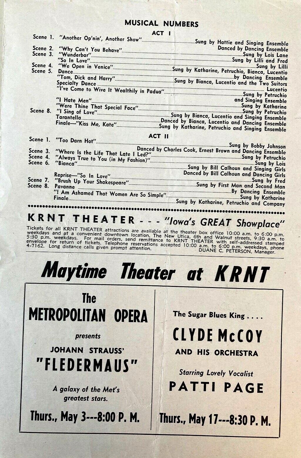 1951 The PLAYBILL "Kiss Me Kate" KRNT Theater Des Moines eBay