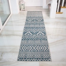 Moroccan Blue Geometric Flatweave Runner Long Narrow Indoor Outdoor Rug Runners