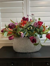 Faux Silk Floral Tulip Arrangement Greenery Spring Silver Vessel Base Vase