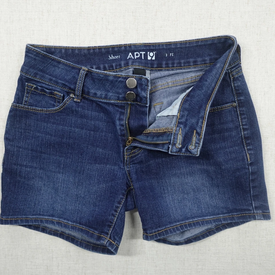 Pantalones de mezclilla APT 9 cortos azules para mujer talla 4 tiro bajo lavado oscuro 4 entrepiernas elásticos preppy Foto 2 de 4