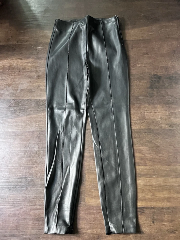 Zara Womens Vegan Leather Pants Skinny High Rise Side Zip Ankle Slits Black Sz M - Image 2 of 4