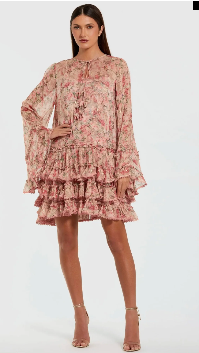 Mac Duggal XS Pink Chiffon Ruffle Floral Long Sleeve Mini Dress Coquette Boho