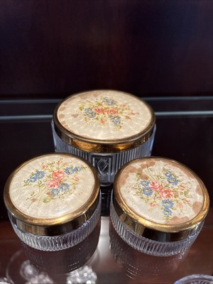 VTG (3) Art Deco Ribbed Glass Vanity Jar Powder Jar Trinket Box Floral Metal Lid