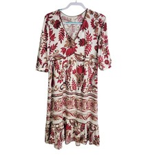 FIG  FLOWER Anthro Floral Red Paisley Tiered Midi Dress Size Small Rayon Boho