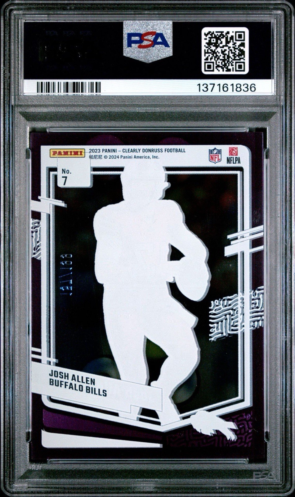 2023 Panini Clearly Donruss #7 Purple Josh Allen /199 PSA 10 GEM MINT LOW POP view 2