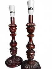 Large 1970s Vintage Carved Wood Column Table Lamps Dark Mahogany 17 inch Pair