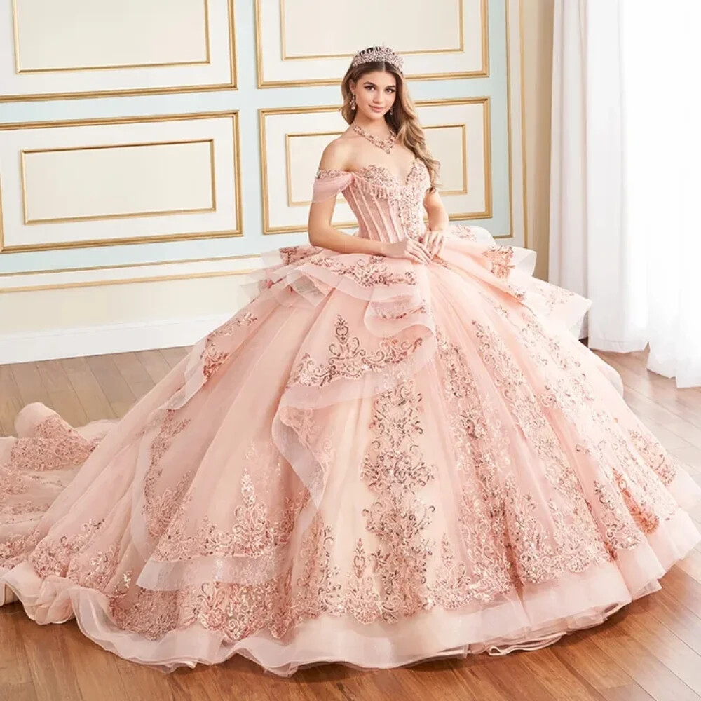 Blush Pink Quinceanera Dresses Ball Gown Shiny Lace Applique