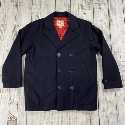 RARE WOOLRICH MENS NAVY DOUBLE BREASTED WOOL PEA COAT JACKET NAVAL
