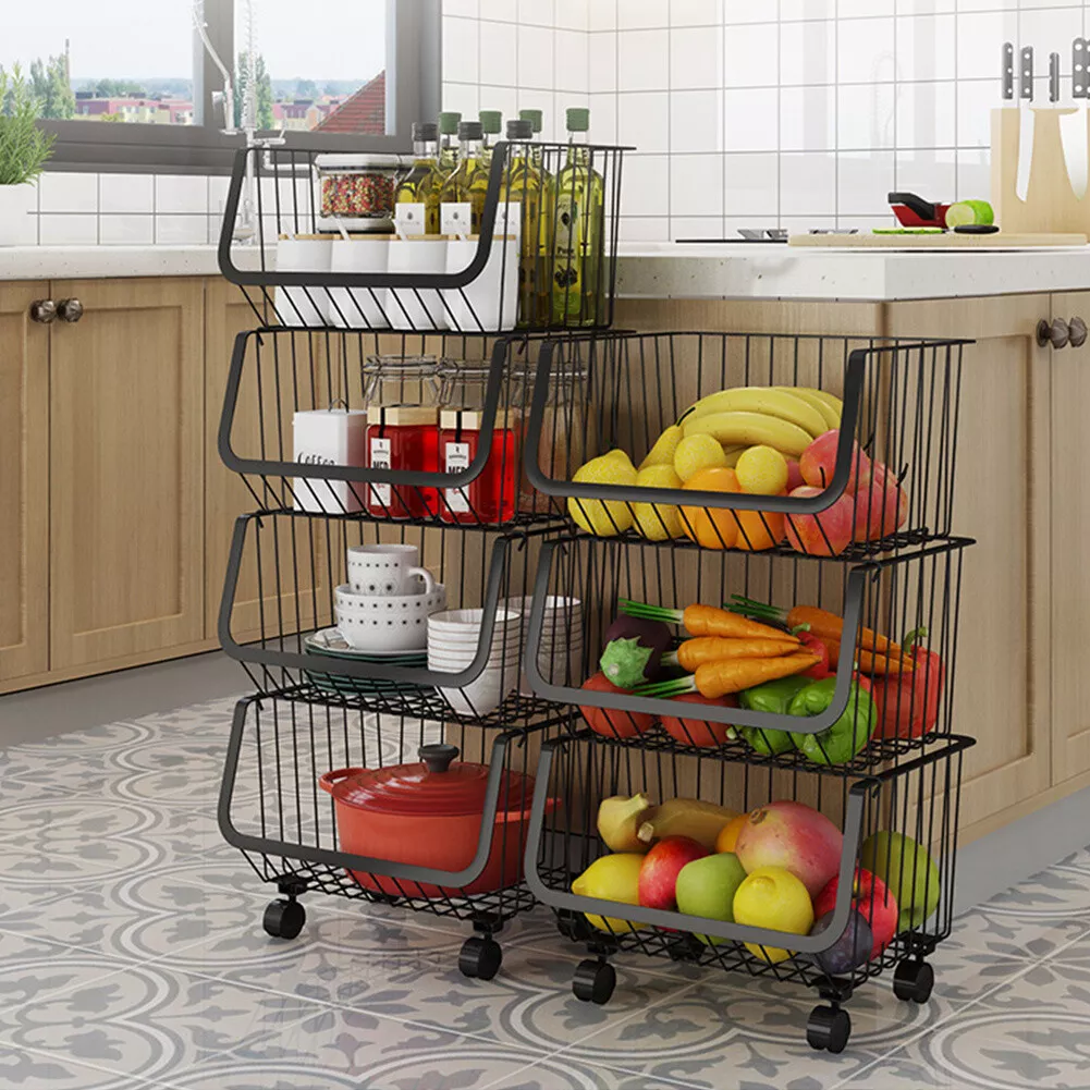 4-Tier Wood Fruit Vegetable Storage Rack Stand Stackable Fruit Basket Organizer Rack for Kitchen - Brown