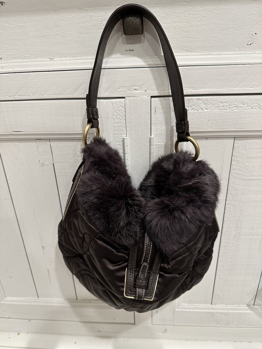 Brown Coach G05K-3586 Brown Shoulder Handbag with Rabbit Fur Brown Coach G05K-3586 Brown Shoulder Handbag with Rabbit Fur