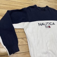 NAUTICA Sailing Crew Knit Sweater Men M Blue White Color Block '83 Embroider 42"