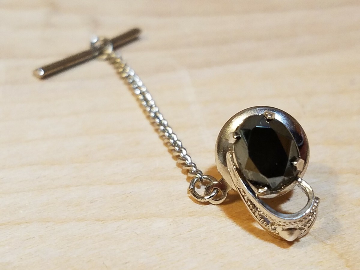 Black Hematite Stone Tie Tack Pin Chain T Bar Silver Tone Swirl Vtg- Swanky  Barn