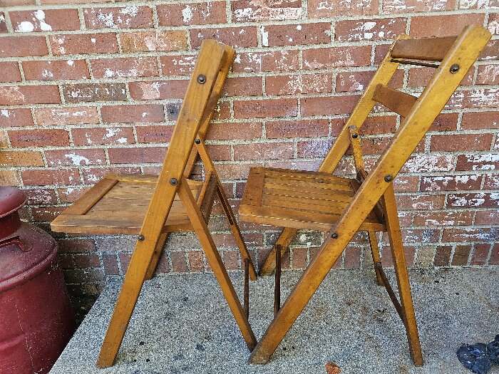 Vintage Wooden Slat Seat Folding Chairs Solid Oak Set Of 2 16 THE