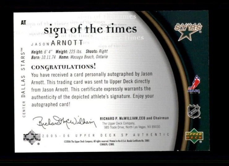 2005-06 SP Authentic Sign of the Times #AT Jason Arnott - Image 2 of 2