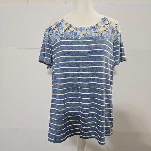 Croft & Barrow Size L Classic Tee Blue/White Striped Blouse T Shirt with Floral - Picture 15 of 15