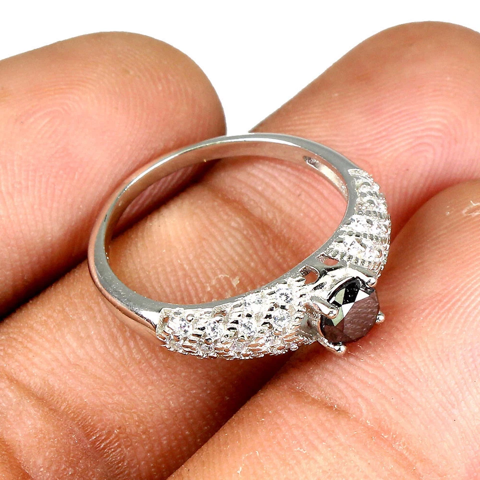 Anillo de plata de ley 925 redondo diamante negro 5 mm topacio piedras preciosas joyería tamaño 7 Foto 3 de 4