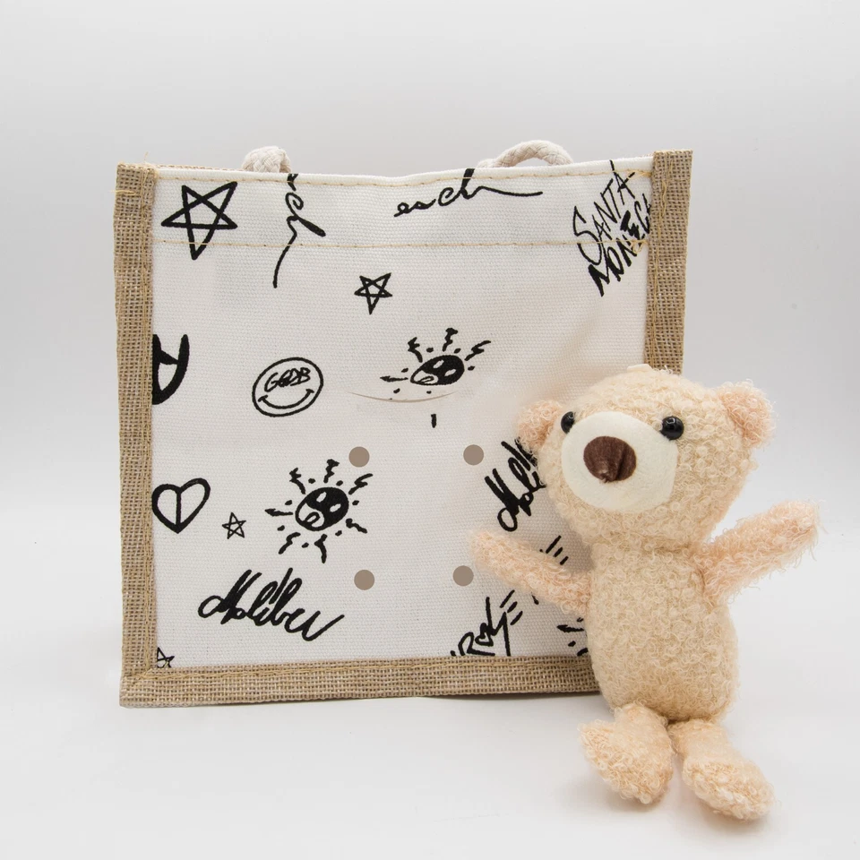Bolso de mano artesanal de diseño limitado de arpillera yute cremallera oso muñecas bolsa de regalo 8X8X4" Foto 3 de 4