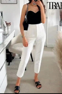 Traf Women Classy Casual Basic Solid Pants Vintage High Waist Zipper Fly Trouser