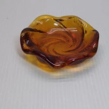 Amber Glass Ashtray Heavy Glass Art Trinket Dish Swirl Wave Pattern
