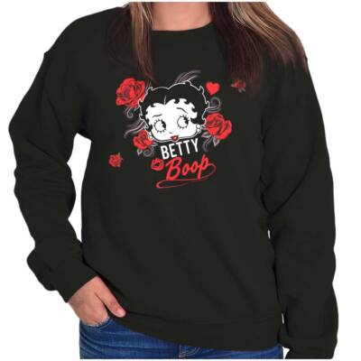 Cute Betty Boop Retro Cartoon Head Roses Womens Crewneck Sweatshirt Pullover