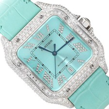 NEW 5TCW Natural Diamond Cartier Santos 40mm Pave Roman Turquoise Dial Watch