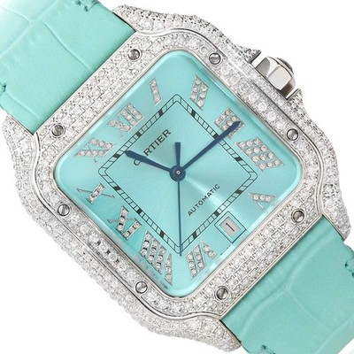 NEW 5TCW Natural Diamond Cartier Santos Large 40mm Pave Roman Turquoise Dial Wat