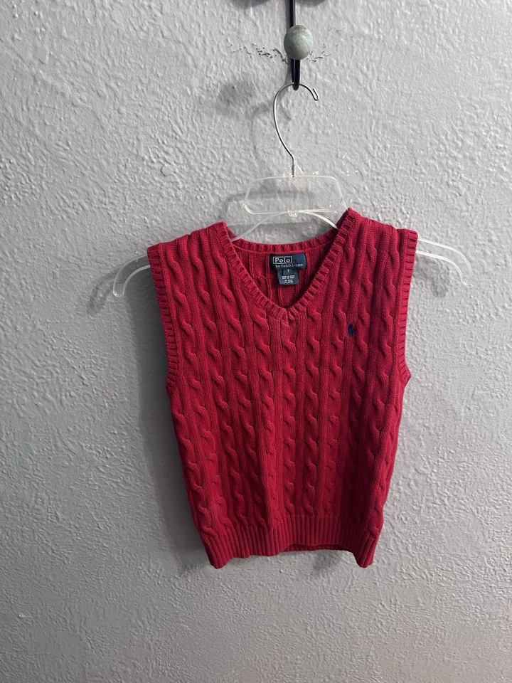 Polo Ralph Lauren Algodón Tejido con Cable Suéter Chaleco Niños Rojo Talla 7 Foto 2 de 4