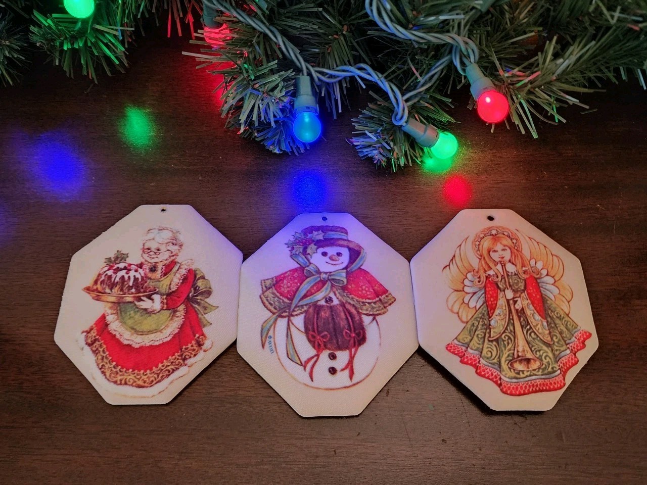 Vintage Set of 3 Avon Double-Sided Cloth Fabric Christmas Ornaments